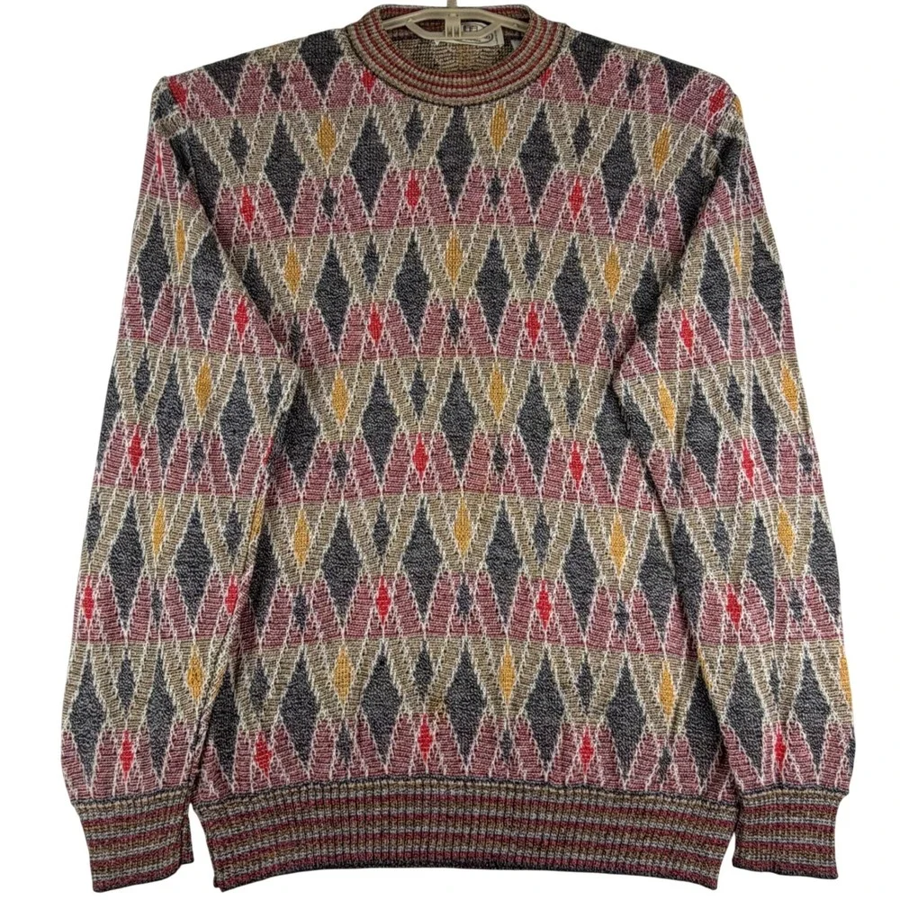 Pronto Uomo Sweater Mens Large (52/L) Made in Italy Argyle Cotton Crew Neck